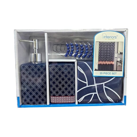 Interiors By Design 15 Piece Complete Bath Set - Peva Shower Curtain 12 Rings To - Picture 1 of 7